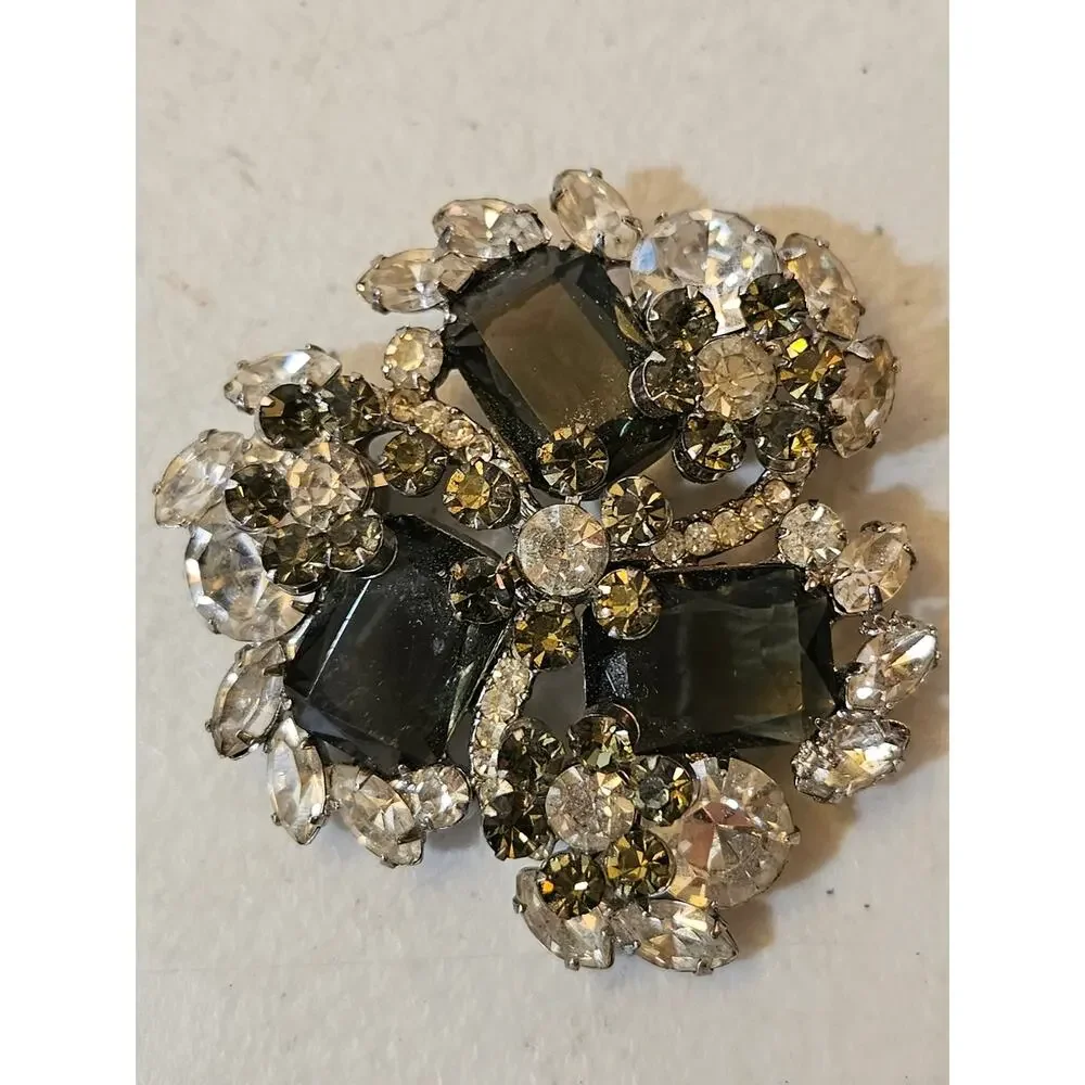 Vintage Smoky Gray Rhinestone Brooch Silver Tone Statement Pin Unsigned 1960s